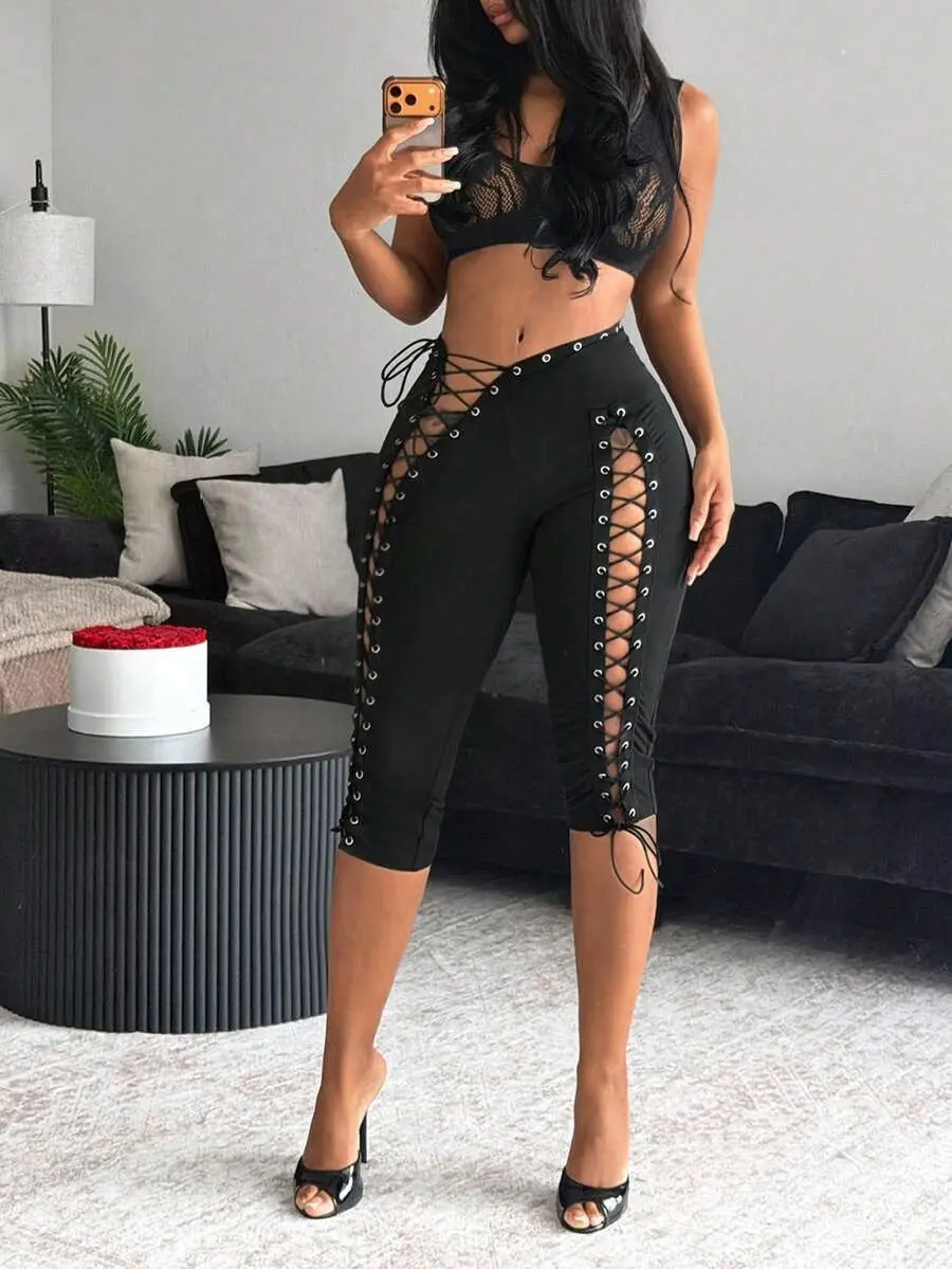 Y2K Baddie Side Lace-Up Capri Pants | High Waist Grommet Cutout Strappy Capri Leggings for Women Night Out, Party Clubwear & Streetwear