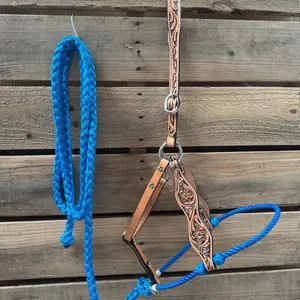 Blue Floral Tooled Lariat & Leather Combo Halter