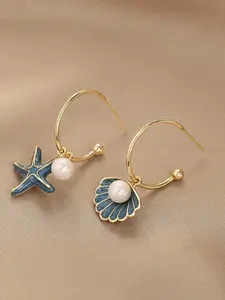 Vintage Shell Starfish Pendant Earrings, Imitation Pearl Zinc Alloy, 14k Gold Plated, Daily Wear, Valentine's Day Gift, Mother's Day Gift