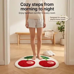 Cute Cherry Tufted Bath Mat, Soft Plush Absorbent Non-Slip Rug, Quick Dry Bathroom Floor Mat for Shower, Bedroom & Entryway, Kawaii Home Decor