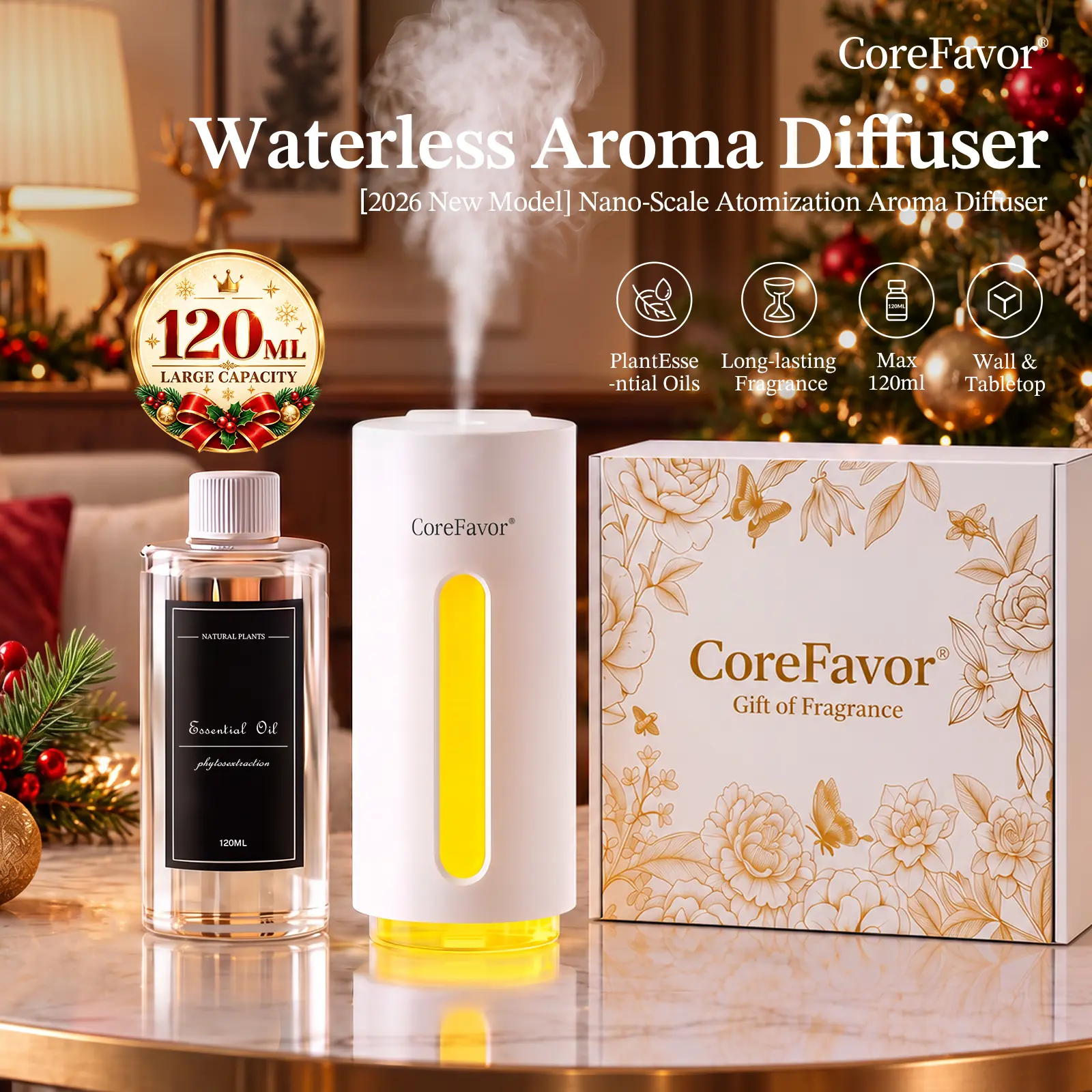 CoreFavor Waterless Cold Air Fragrance Diffuser - 120ml Scented Oil, 6 Mist Intensity Modes, 5 Color LED Lights, Batteries Built-In Rechargeable Spray Machine, Wall/Car Mount (Saves Desk Space), Tabletop, Quiet Diffuser for Home, Wireless Gift
