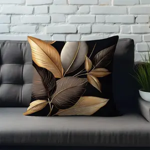 1pc Double-Sided Black & Golden Leaf Print Decorative Pillow - Modern Bohemian Luxury with Zipper Closure, Machine Washable, 14x14 16x16 18x18 20x20 Inch, Elegant Leaf Pattern for Sofa, Bed, Living Room & Bedroom - Black & Golden Home Decor