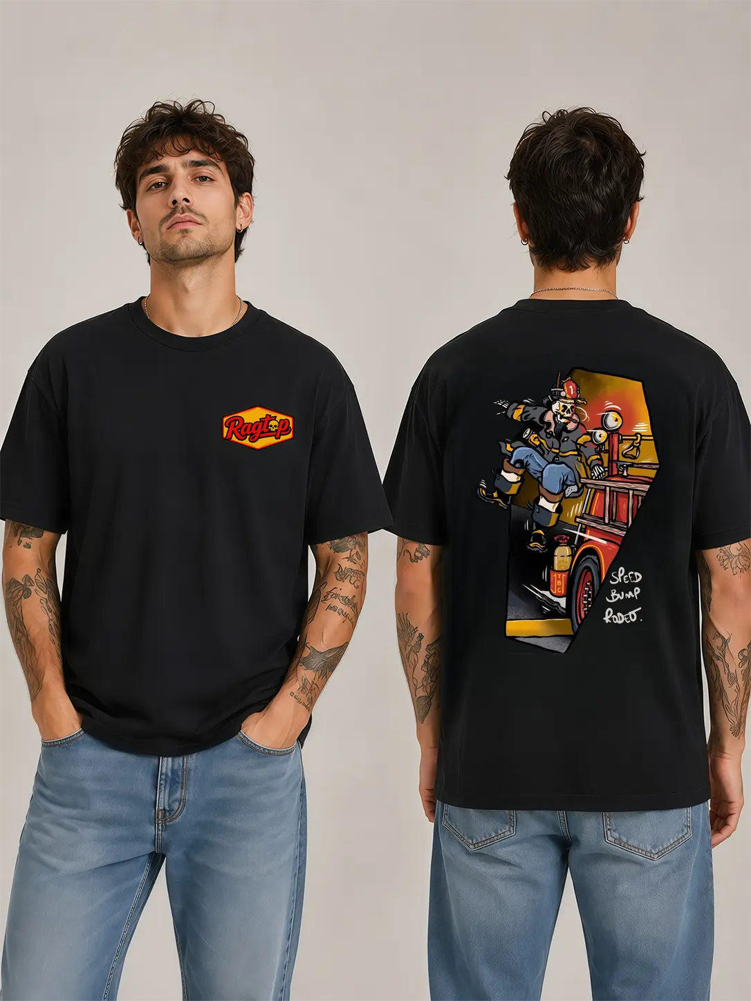 [Graphic T-Shirt] firefighter shirt - Ragtop Firefighter Speed Bump Rodeo Graphic Tee, Fire Station Humor Design, Fire Rescue Inspired Apparel,cotton tee,printed shirts for men