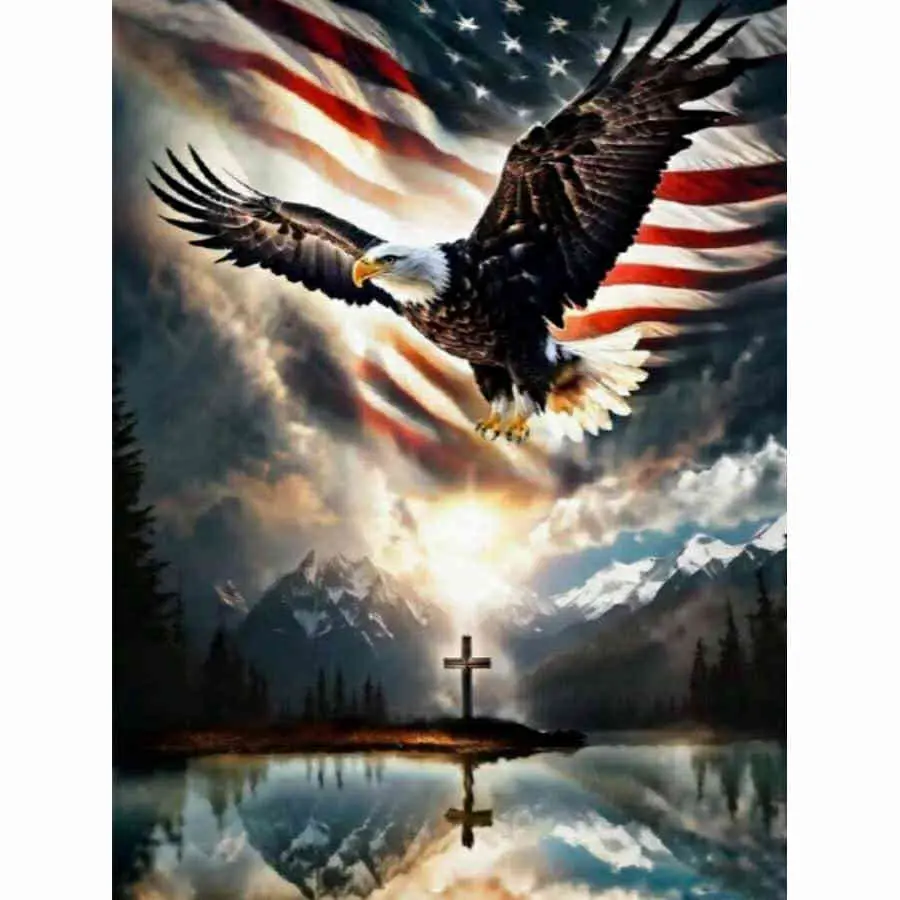 American Bald Eagle with Flag and Cross Diamond Painting Kit, Patriotic Eagle Flying Over Mountain Lake with Christian Cross Art, High-Quality Full Drill Round & Square Rhinestone Mosaic, 5D DIY Handmade Cross Stitch Home Wall Decor, 12x16 inch / 30x40cm