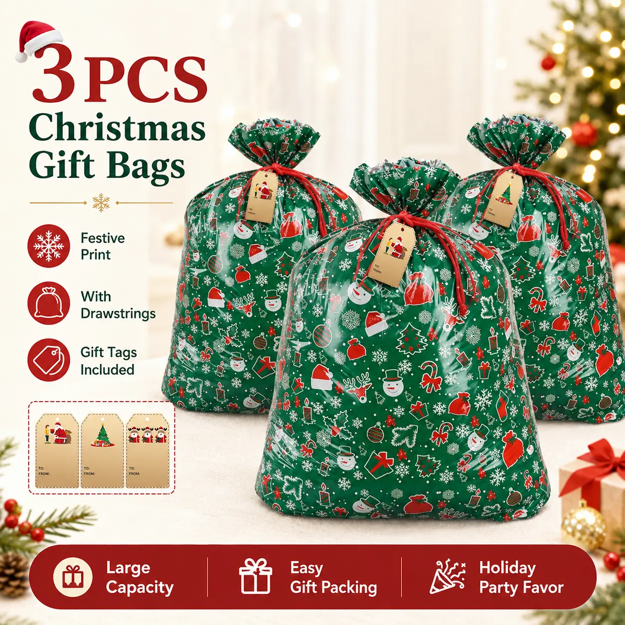 Colorful 3-Pack Extra Large Christmas & Birthday Gift Bag Set, 36x56 in Jumbo Plastic Sacks for Oversized Presents Party Bag Party Bag Set