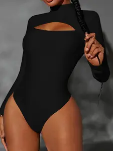 Women's Fall Winter Half High Neck Jumpsuit, Hollow Out Design Front, Versatile Inner Layer, Perfect for Outdoor Wear