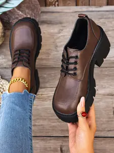 Women's Fashion British Style Thick Sole Rubber Leather Loafers, Vintage Lacing Design, Perfect for Casual Wear, Height Boosting Effect