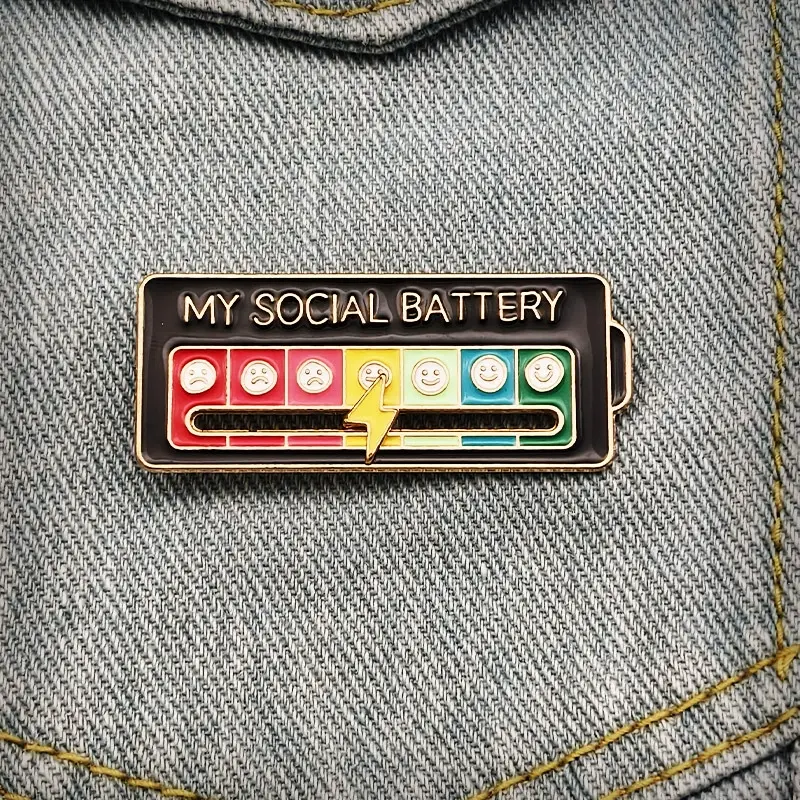 Viral TikTok Social Battery Slider Pin - Metal Enamel Brooch with Butterfly Clasp, Adjustable Unisex Mood Indicator Lapel Badge, Daily Outfit Accessory, Novelty Party Favor Gift for Introverts, Happy Birthday, Coworkers