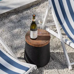 Small Outdoor Side Table, 12" Black Outdoor End Tables for Patio, Accent Side Table, Outdoor Garden Stool Wooden-Look Top Concrete Side Table