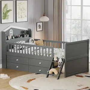 【Bellemave】Twin Bed Frame with Storage 4 Drawers,Wooden Bed Frame for Kids,Platform Twin Size Bed with Guardrail Headboard and Ladder, No Box Spring Needed, Easy Assembly, Gray
