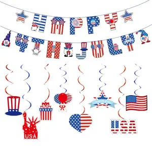 [US Independence Day] Birthday Theme Party Decoration Set — Banner, Cake Toppers, Balloons, and Party Favors Wooden Bead Set