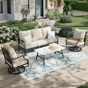 4-Piece Metal Patio Furniture Set – 3-Seat Sofa, 2 Swivel Chairs & Coffee Table
