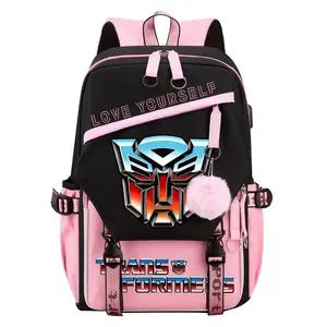 Men's Cartoon Trans-Formers Backpacks Casual Laptop Backpack Travel Daypacks Business Bag Waterproof Multi Function -Pink