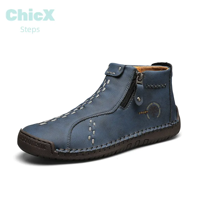 Men's Leather Chukka Boots - Vintage Hand-Stitched Fashion Chic Minimalist Casual Walking Shoes with Side Zipper, Soft Non-Slip Sole Footwear for Party Wear, Outdoors