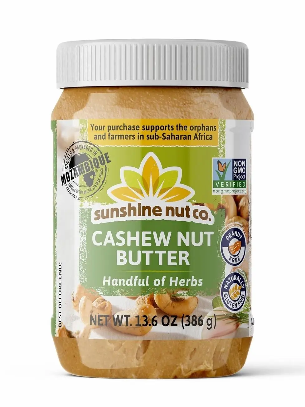 Sunshine Nut Company Gourmet Natural Cashew Butter, Handful of Herbs, 1 Pack, Vegan Spread with Hand-Roasted Mozambique Cashews, No Added Sugar, 13.6 oz Jar