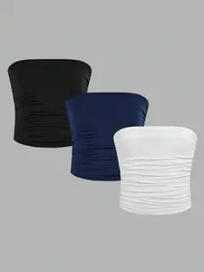 Trendy Girls' One-Shoulder Tube Top Set of 3, Fashionable Comfortable Elastic Wear, Slim Fit All Seasons Versatile, Inner Layer Outerwear