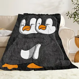 A Comfortable Cute Double Penguin Theme Fleece Blanket, Soft High-Definition Digital Print, Soft, Breathable 100% Polyester, Perfect Gift, All-Season Family And Friends Gift