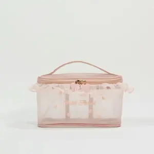 TikTok Viral Clear Makeup Bag - Sheer Mesh Cosmetic Pouch with Lace Trim & Heart Embroidery, Cute Travel Toiletry Organizer, Through Bag for Essentials (Perfect Gift for Women)toiletry storage bag