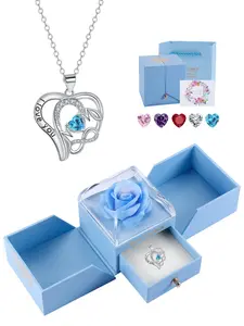 I Love You Mom Necklace With Rose Jewelry Gift Box, Cubic Zirconia Birth Stone Jewelry Birthday Mother's Day Gifts for Mom Girlfriend, Wife, Grandma, Her