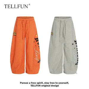 TELLFUN Women's Plaid Wide-Leg Mid Waist Pants - Adjustable, Casual, Everyday Unisex Oversized Loose Sweatpants with Waist Drawstring, Straight Baggy Fit for Lounge, Dance