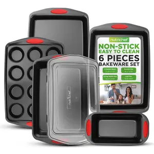 6-Piece Nonstick Bakeware Set - Gray | Stackable Carbon Steel Baking Pan Set with Red Handles - Cookie Sheet, Roaster Pan, Loaf Pan & Muffin Pan - Heat Resistant Up to 446°F, Oven Safe Home Baking
