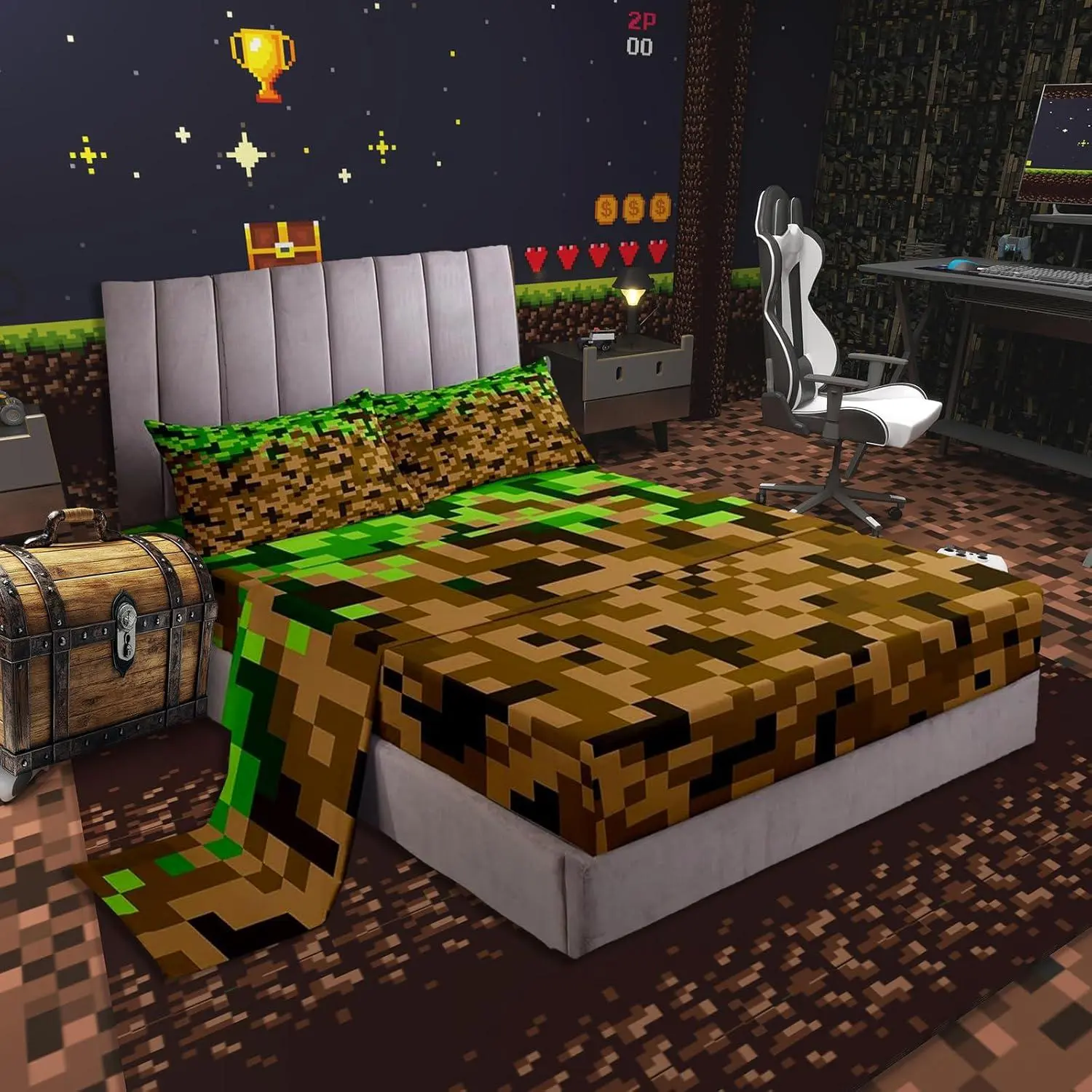 Miners Style Square Grid Bed Sheets,Brown Green Army Camo Bedding Set Men Room Decor,Cartoon Gamepad Modern Fitted Sheet Pixelated Games Top Flat Sheet