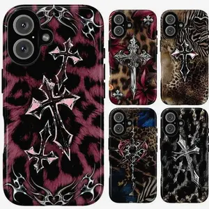 Chrome Cross Y2K Leopard Phone Case - Grunge Aesthetic Cheetah Print for iPhone 17 16 15 14 13 12 11 Pro Max - Gothic Punk Animal Print Shockproof Cover