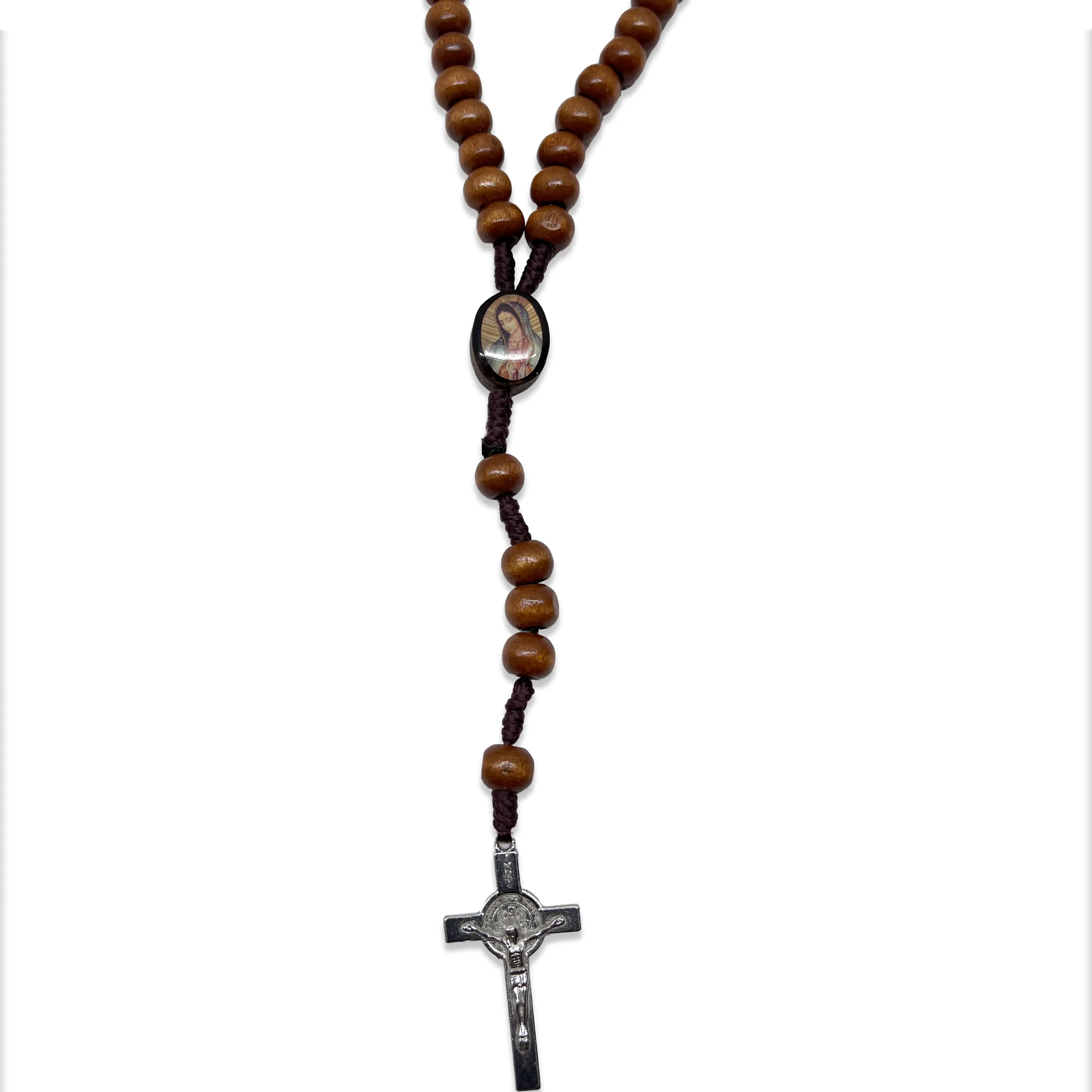 Our Lady of Guadalupe Wooden Rosary - 17 Inch Lightweight Design with Beautiful Lacquered Finish & St. Benedict Crucifix Pendent