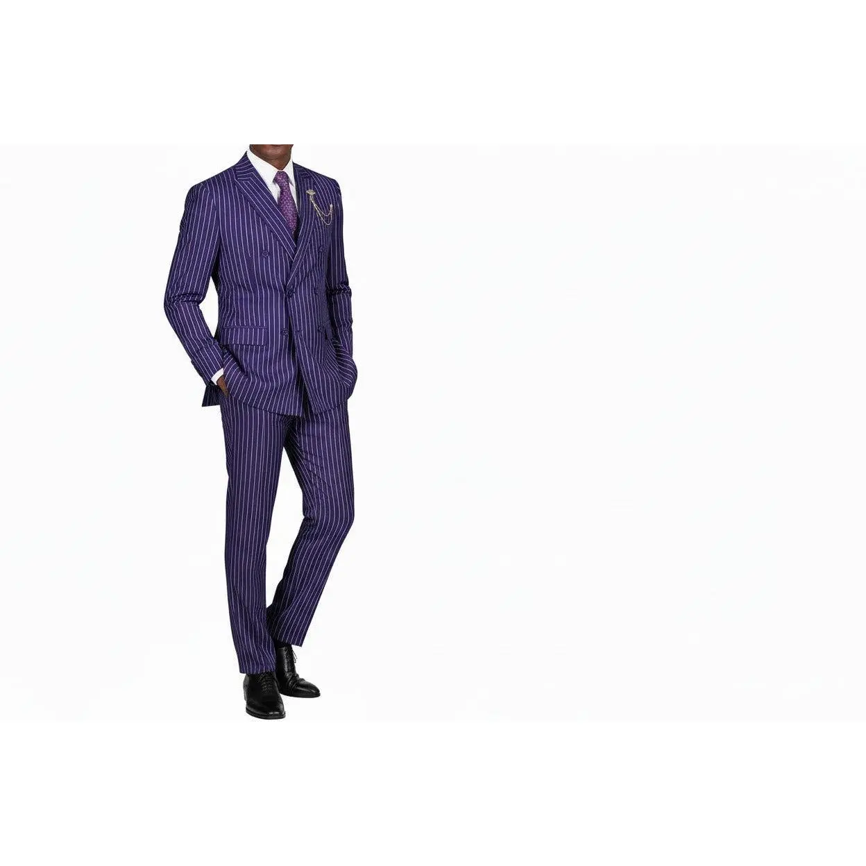 Luxurious Men's Double-Breasted Gangster Stripe Suit Purple