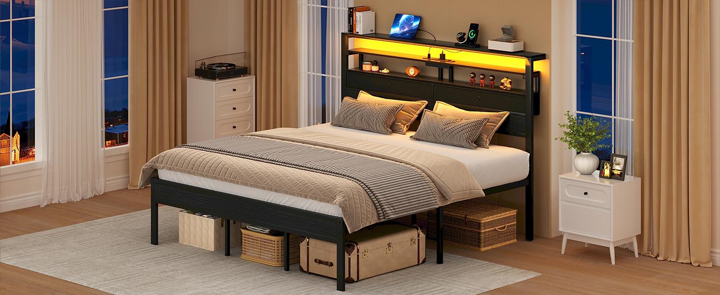 Bed Frames with Charging Station and LED Lights, Wood Headboard with 2 Fabric Drawers and Storage Shelves, Twin Size Platform Bed with Metal Slats, No Box Spring Needed