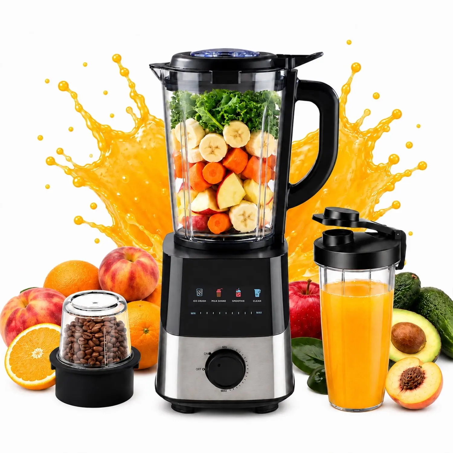 Behome Blender with Grinder, Stepless Speed & 4 Functions, 1200W Blender for Smoothies with 50 Oz Glass Jar, Self-Cleaning Blenders for Kitchen, Black
