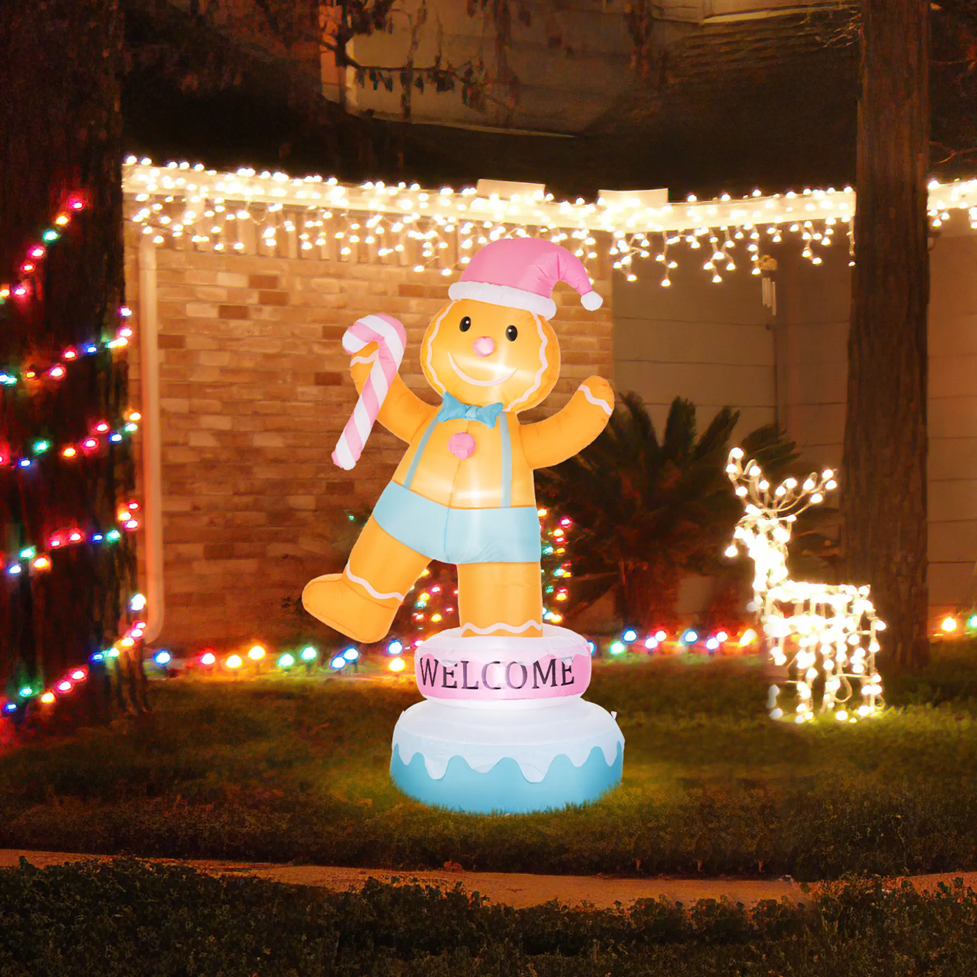 Glitzhome 6FT Lighted Whimsical Macaron Inflatable Rotating Gingerbread Man Figure, Nylon Fabric Waterproof Floor-Mount Festive Decor, Lightweight Home Decor to Light Up Your Space