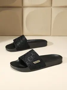 Men's Luxury Black Glitter Monogram Jacquard Slide Slippers, High‑End Designer One‑Strap Casual Sandals, Non‑Slip Thick Soft Sole Slides for Summer Indoor Outdoor Daily Commute Wear