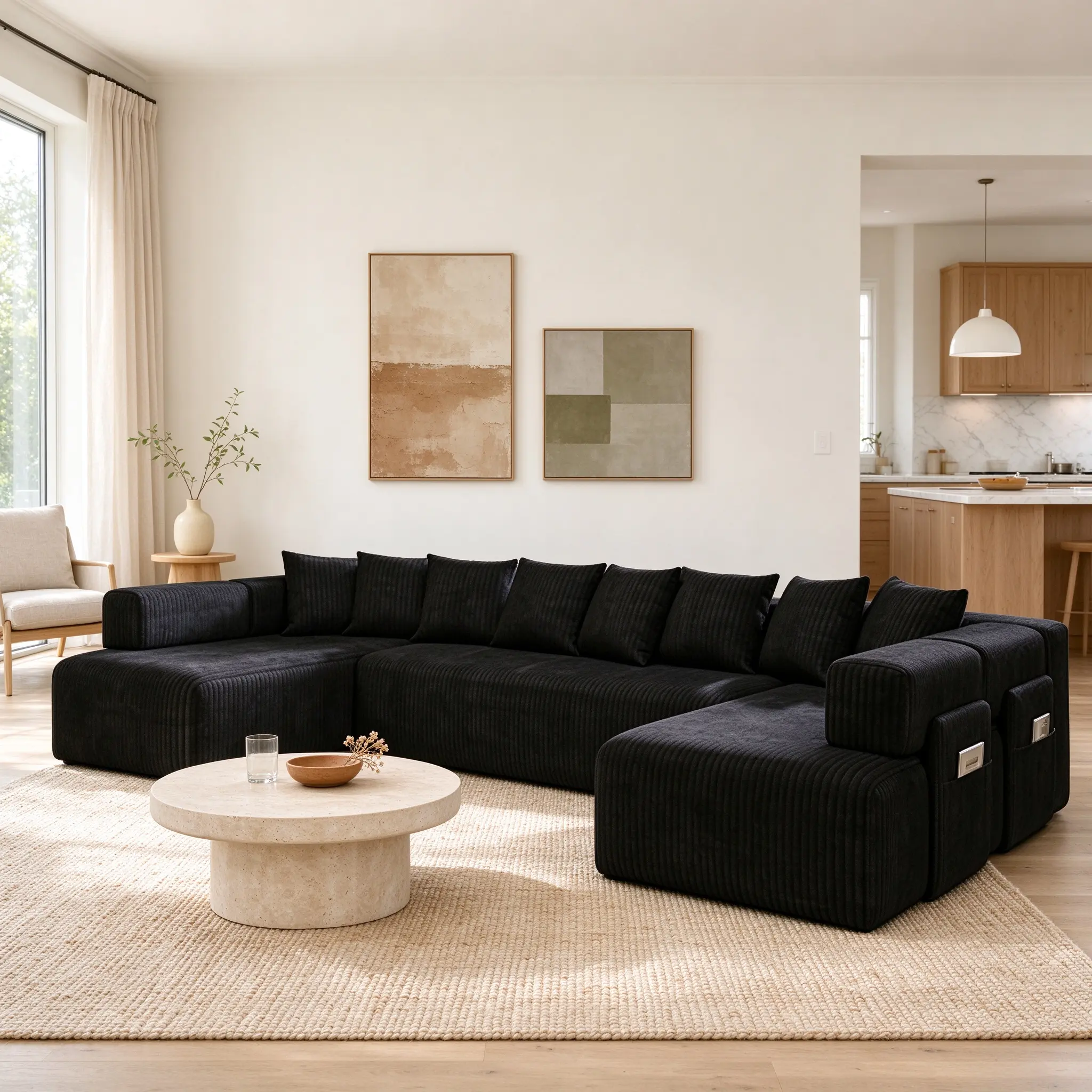 146'U-Shape Modular Boneless Cloud Couch, Soft Corduroy Upholstered Relax Sofa, No Assembly Required Indoor Living Room Furniture, Practical Contemporary Sectional Sofa, Comfortable Durable Boneless Cloud Sofa for Family Living & Guest Room