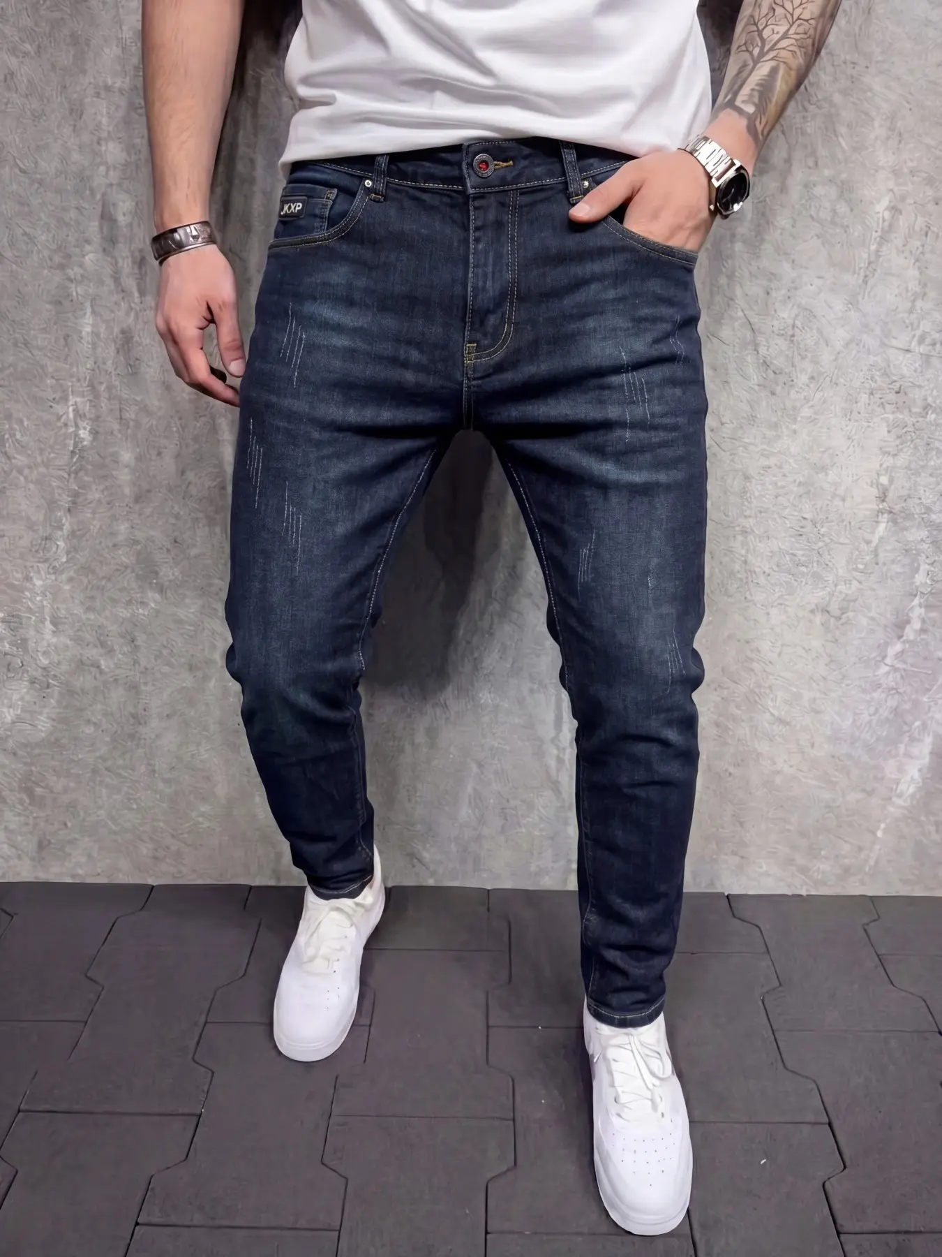 Men's Blue Classic Ripped Stretch Skinny Denim Jeans with Pocket, Elastic Washed Distressed Streetwear, All-Season Casual Long Trouser Pants, Slim Fit Everyday Wear