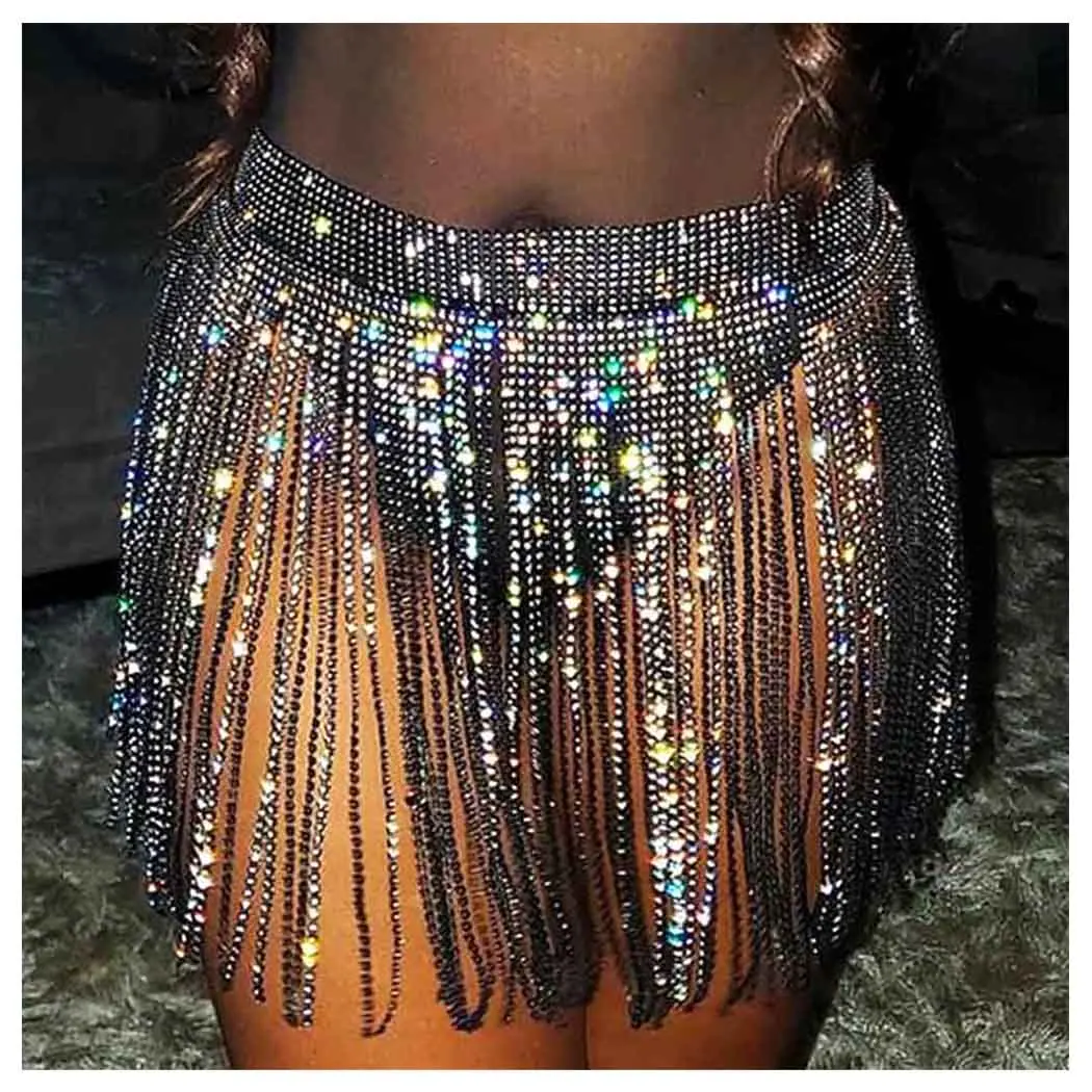 Jemiwa Rhinestone Tassel Skirt Sparkly Belly Dance Hip Scarf Crystal Waist Belt Chain Rave Body Accessory Costume for Women