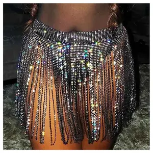 Jemiwa Rhinestone Tassel Skirt Sparkly Belly Dance Hip Scarf Crystal Waist Belt Chain Rave Body Accessory Costume for Women