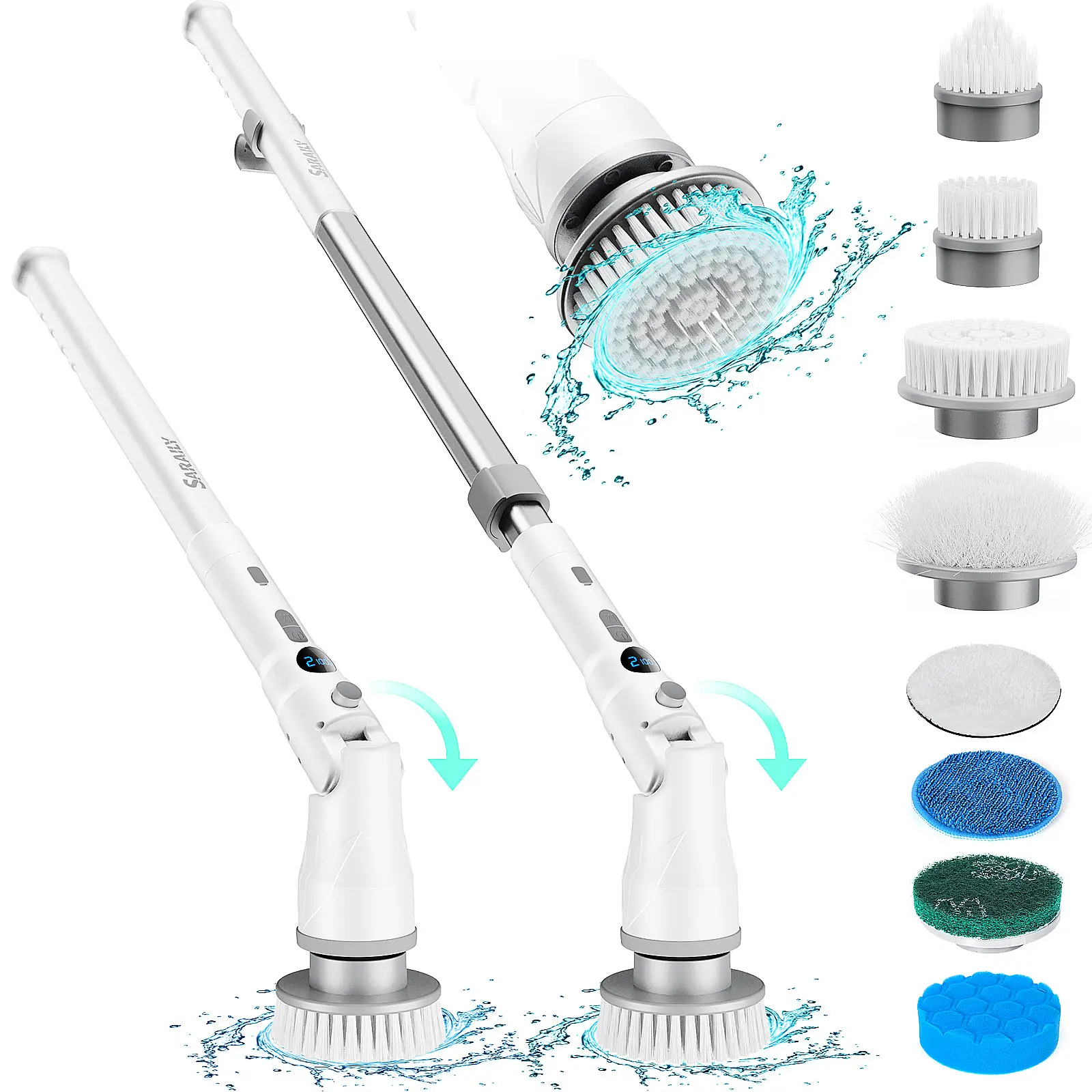 Electric Spin Scrubber, Saraily Cordless Shower Scrubber with LED Display & 8 Replacement Cleaning Head, 1.5H Dual Speed Power Scrubber with Adjustabl
