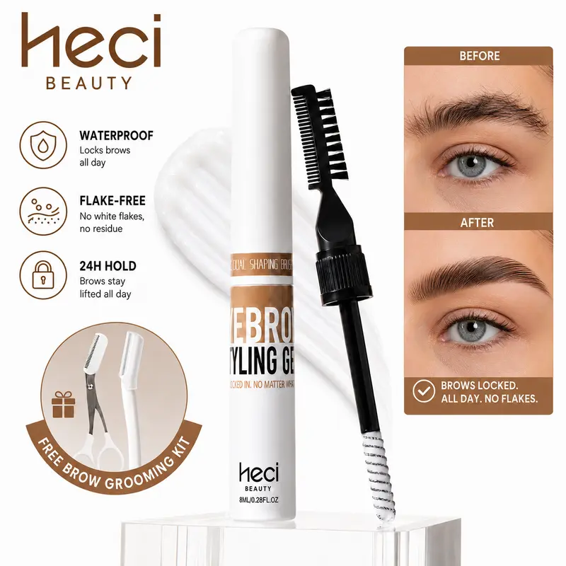 HECI BEAUTY Waterproof Eyebrow Gel - Single Tube Makeup Products, 24H Strong Hold Brow Definer, Fluffy Laminated Shape, Lightweight Brow Sculpture with Built-In Styling Brush, Natural Look, No Flakes/White Residue