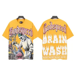 Godspeed Vintage Washed Double Weave Pure Cotton T-Shirt, Rock Fun Graphic Print, Loose Oversized Fit, Unisex Couple Matching Tee, Y2K Retro Hip Hop Streetwear, Crew Neck Short Sleeve Summer Casual Daily Beach Tops