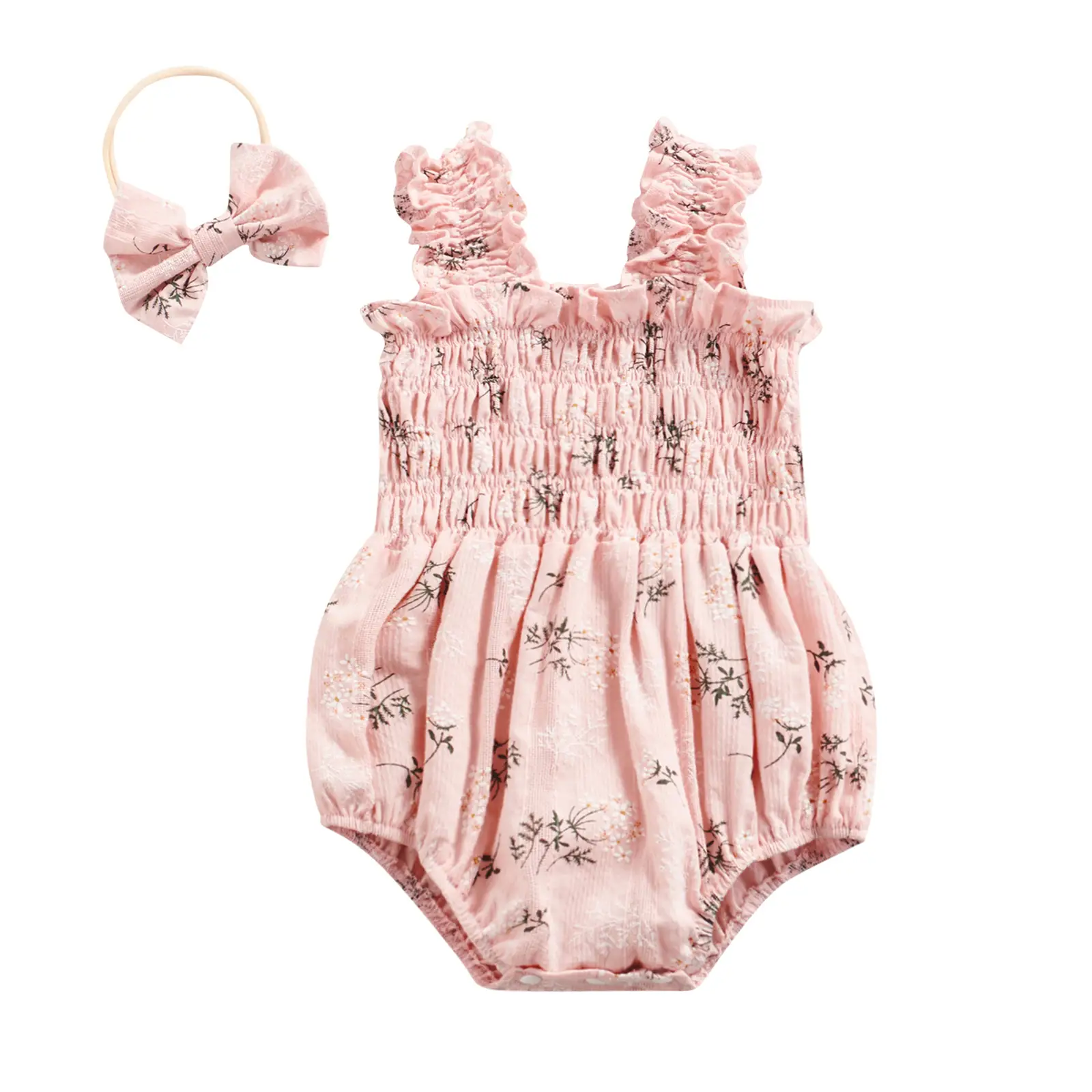 Newborn Infant Baby Girl Sleeveless Romper Toddler Girls Floral Jumpsuit Bow Headband Summer Outfits