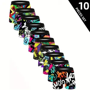 10pcs Men's Cartoon Tie-Dye Striped Boxer Briefs - Soft, Comfortable & Breathable Polyester Blend, Vibrant Athletic & Everyday Shorts for Casual Wear Menswear Mixed Color Socks Beige