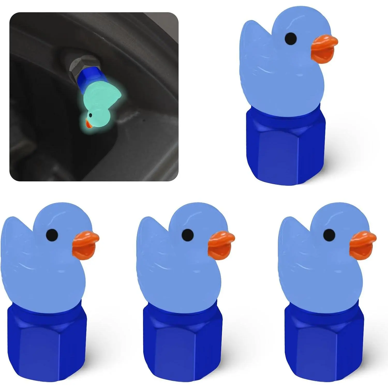 4 Pack Cute Duck tire Valve caps, Glow in The Dark Tire Valve Caps, Interesting and Practical Tire Decoration, Can be Used for Cars, Motorcycles, Trucks, and Bicycles.(Blue)