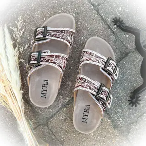White Canyon Western Tooled Leather Sandal Slides - Brown & White Open Toed Slippers Casual