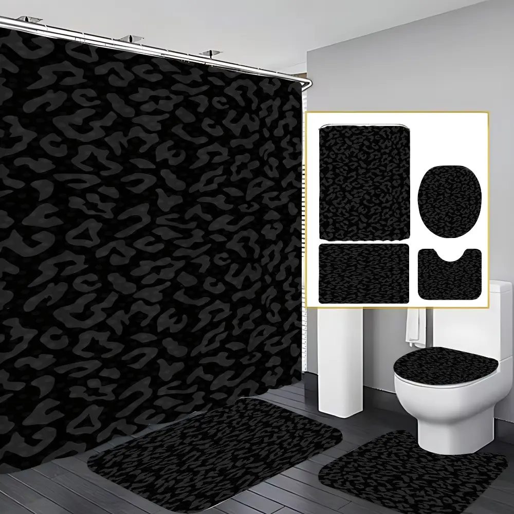 4 Pcs Black Leopard Print Bathroom Curtain Sets with 12 Hooks,Dark Cheetah Pattern Large Waterproof Thickened Mildew Proof Bathroom Partition Curtain,Bathroom Shower Curtain,Toilet Lid Cover,Non-Slip Bathroom Rugs and U Shape Bath Mat,Modern Decor