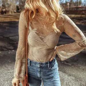 MULLVEIG Women's Mesh Long Sleeve Crewneck Top – Lace Sexy Sheer Shirts See Through Bow Blouses