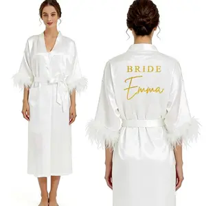 Personalized Name and Date Robe Bride Bridesmaid Feather Bathrobe Birthday Party Gown Add Any Text Robes