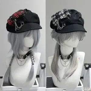 Subculture Punk Cross Unisex Dark Plaid Beret Flexible Cloud-Shaped Soft Brim Y2K Hat