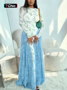 DOUCIU Elegant Party Dress, Casual Thin Colorblock Mesh Print Long Sleeve Maxi Skirt, Sexy Sheer Overlay Design, Women's Fashion, Womenswear