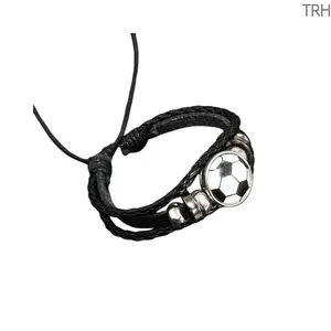 Sports Ball Leather Braided Bracelet, Soccer Volleyball Pattern Adjustable Wristband, Trendy Sporty Handmade Rope Bangle, Fashion Casual Jewelry Gift for Sports Fans, Ideal Souvenir for Team Events Daily Wear & Game Parties